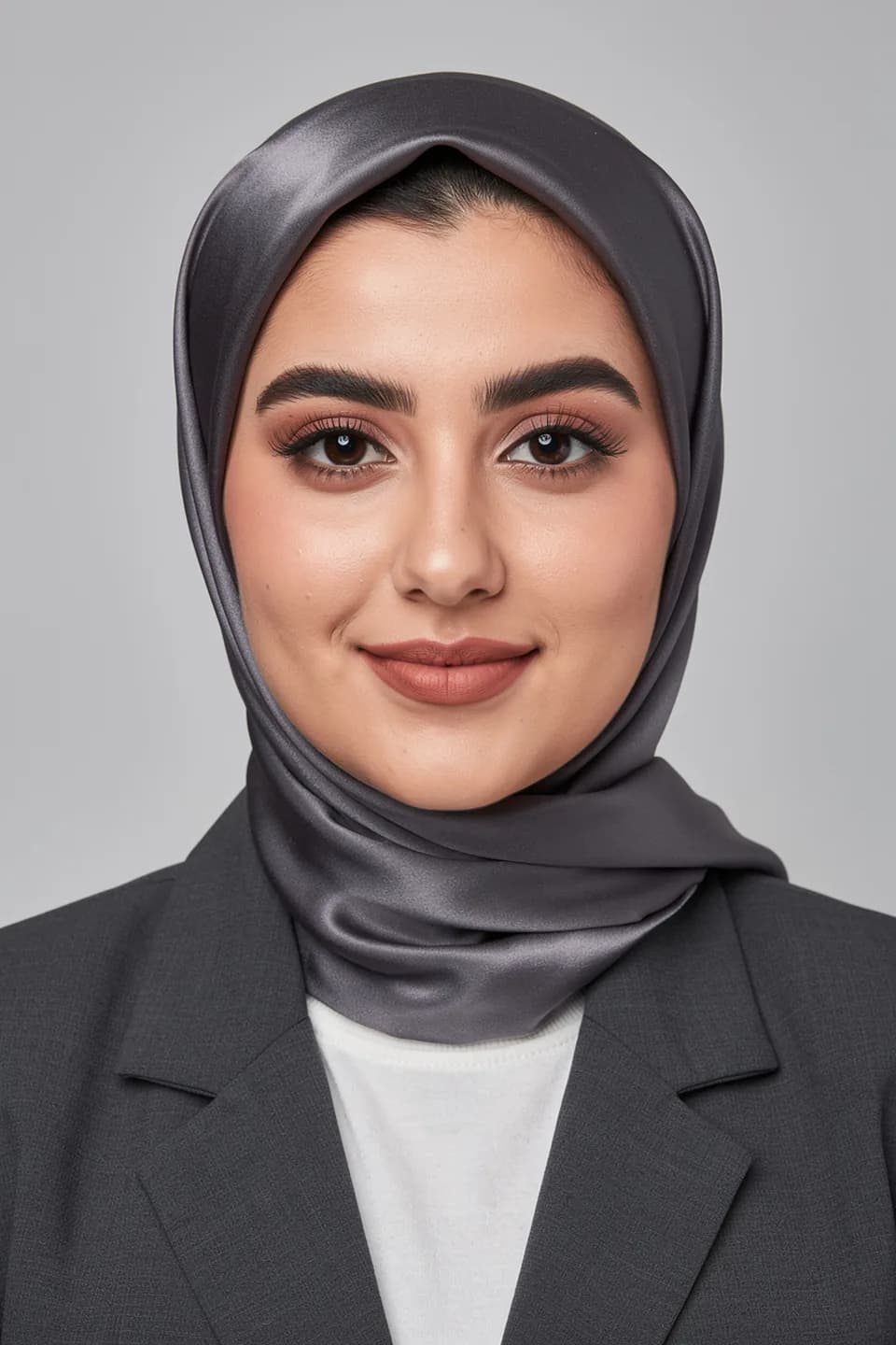 پرتره در سبک رسمی با روسری، زمینه طوسی