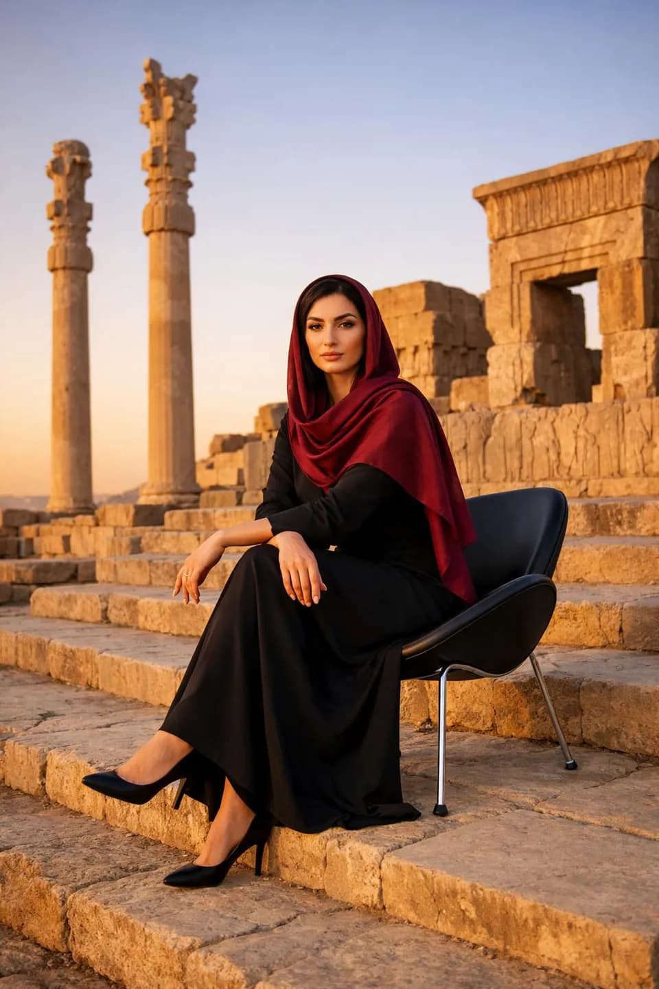 زن با شال زرشکی روی صندلی در تخت جمشید